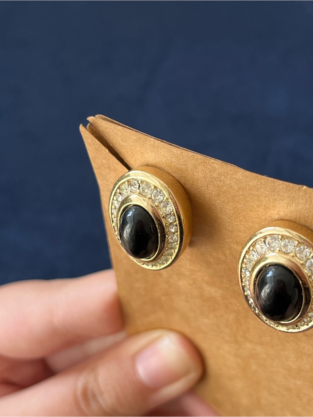 Authentic Vintage Dior Oval Black Glass Cabochon Rhinestone Gold Clip Earrings - Picture 4 of 6